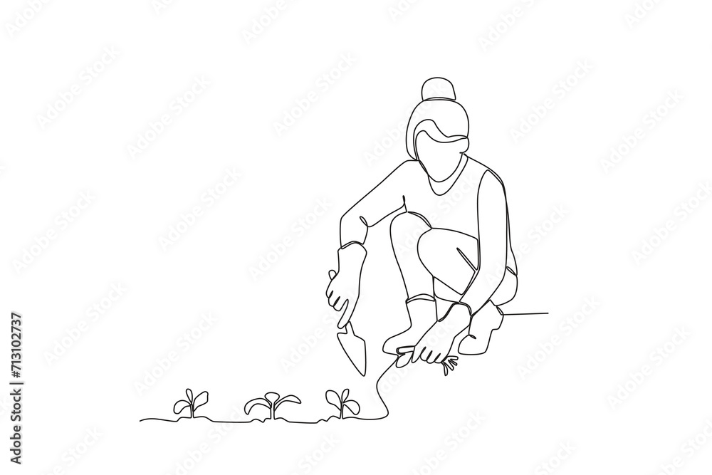 Single continuous line drawing of Woman planting plants. Minimalism metaphor concept. Dynamic one line draw graphic design vector illustration.
