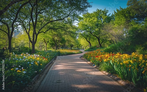 City Park Bloom: A city park adorned with blooming flowers and greenery, illustrating how nature can naturally reintegrate into urban spaces, providing a serene escape