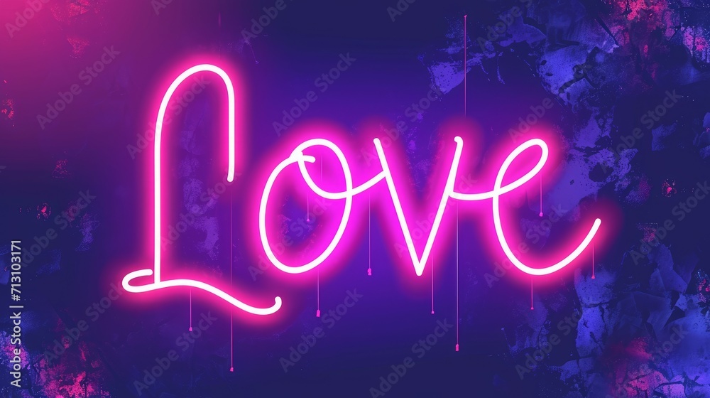 Neon sign. Retro neon Love sign on purple background. Design element for Happy Valentine's Day. Ready for your design, greeting card, banner. Vector illustration.