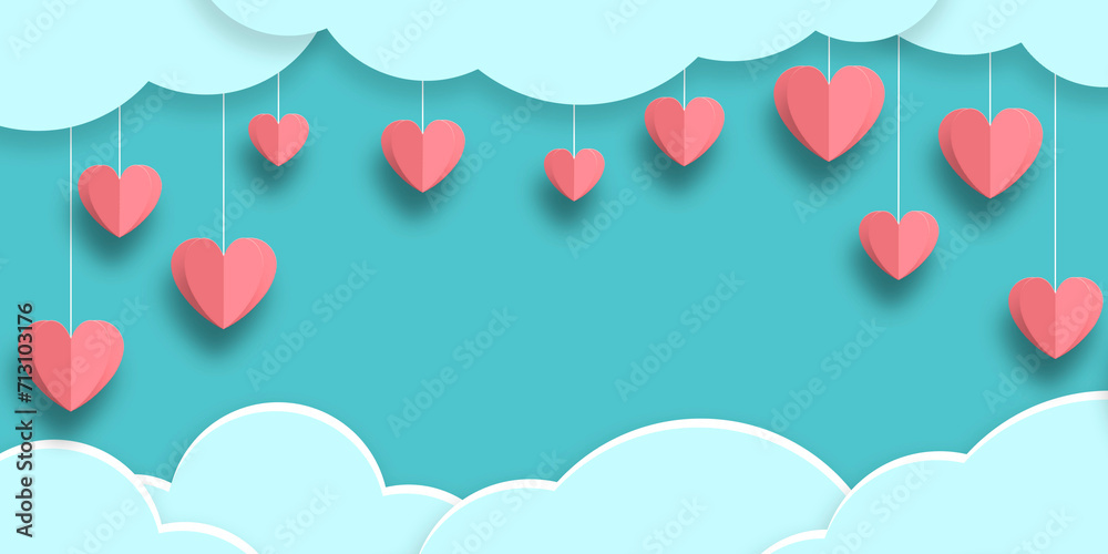 Blue background with red hearts and clouds. Concept, banner, mockup, template, Valentine's Day. Copy space.