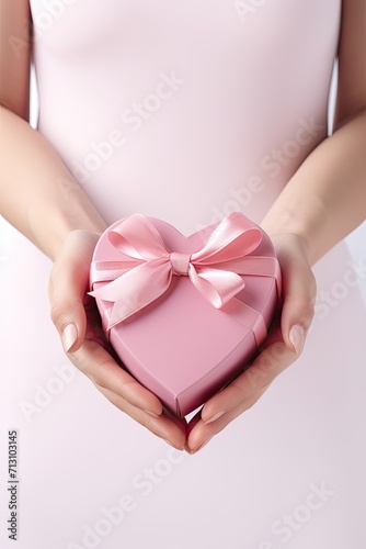 female hands holding a gift in a pink heart presents for valentine day on white background