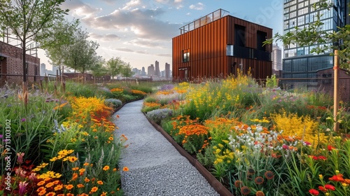 An urban garden featuring wildflowers in full bloom alongside a meandering pathway with a modern rustic structure in the background.