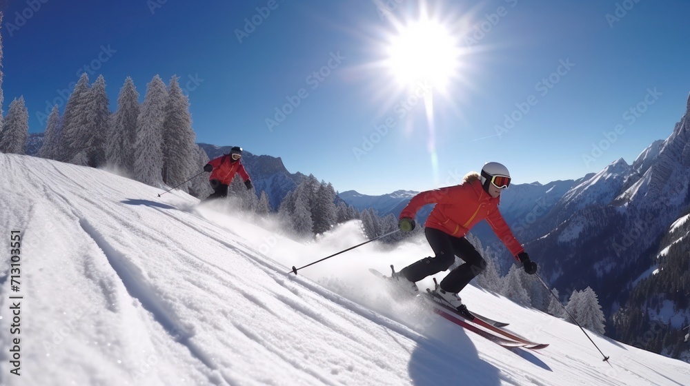 Couple on ski slope skiing on sunny day in the alps.. 