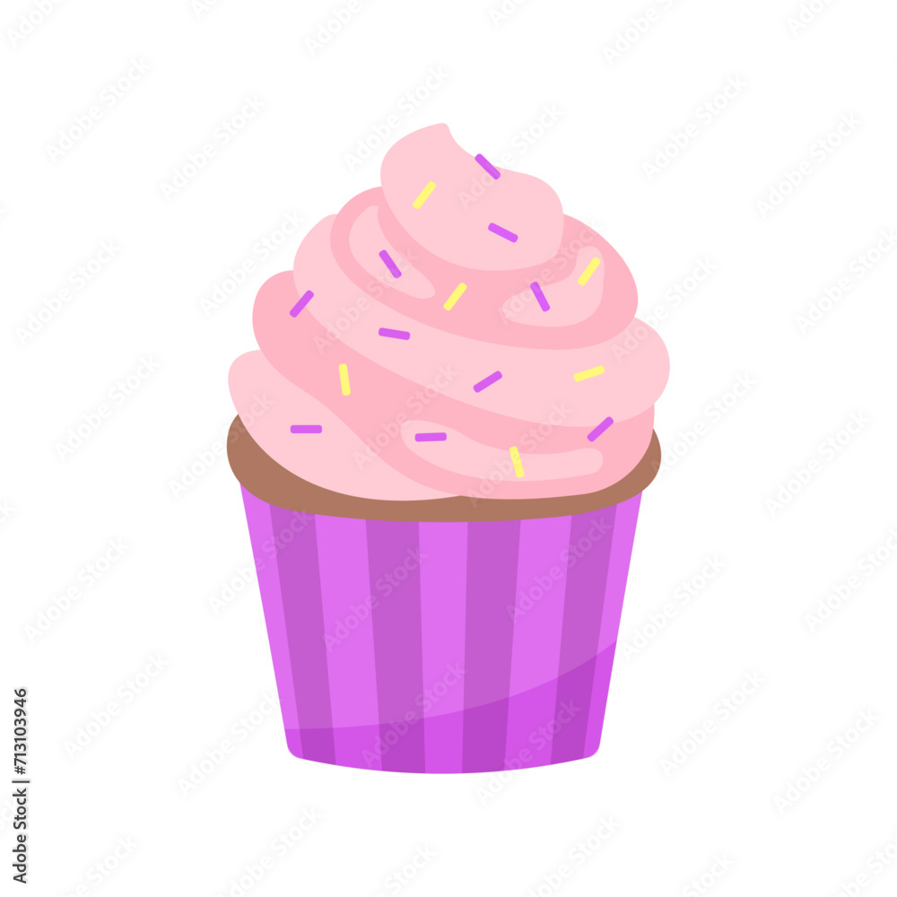 Cartoon cupcake with some decoration and pink cream. Delicious cupcake. Dessert vector illustration design Cartoon cupcake with some decoration and pink cream. Delicious cupcake. Dessert vector illustration design
