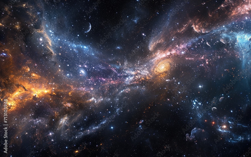 Cosmic Dance of Swirling Galaxies and Brilliant Stars in Deep Space
