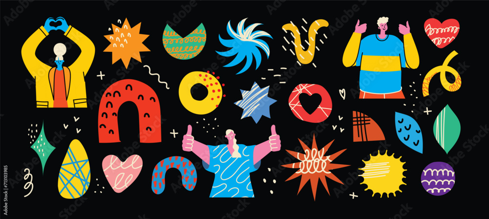 Set of abstract retro geometric doodle shapes vector, people. Collection of contemporary Vector illustrations and design elements perfect for banner, print, stickers in cartoon 80s-90s style.