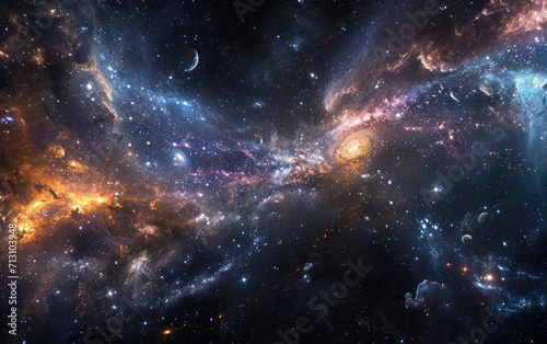 Cosmic Dance of Swirling Galaxies and Brilliant Stars in Deep Space