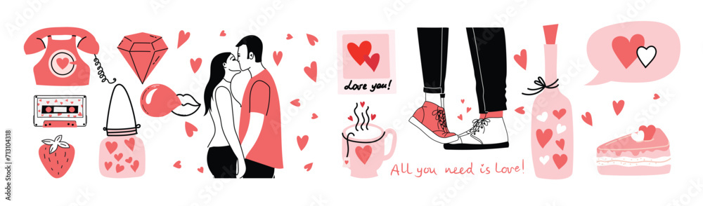 Romantic set of illustrations with man and woman. Love, love story, relationship. Vector design concept for Valentines Day Romantic set of illustrations with man and woman. Love, love story, relationship. Vector design concept for Valentines Day
