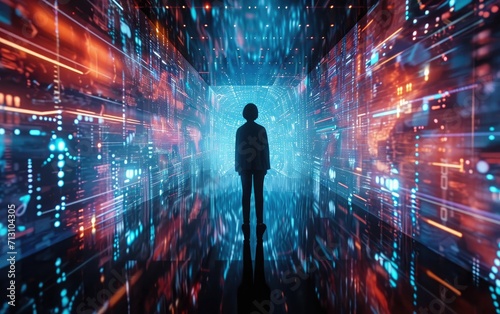 Cyberspace Exploration: An image capturing the essence of cyberspace, featuring a person navigating a virtual world with futuristic holographic interfaces