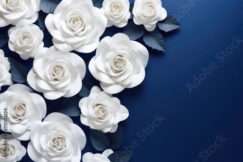 White roses on blue background. Flat lay, top view, copy space
