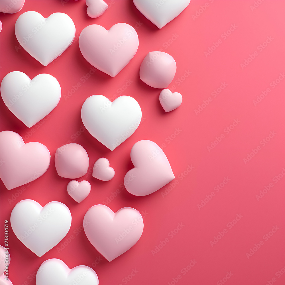 Valentines day background with white and pink hearts on pink background