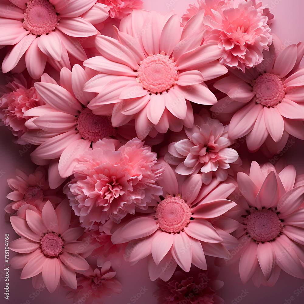 Pink flowers on pink background. Flat lay. top view. 