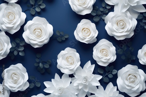 White rose flowers on soft pink background. Flat lay  top view