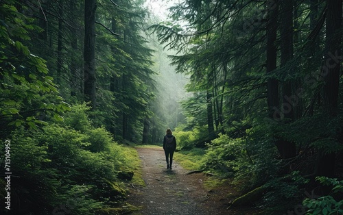 Solitary Hiker Trekking Through a Misty Forest on a Serene Morning