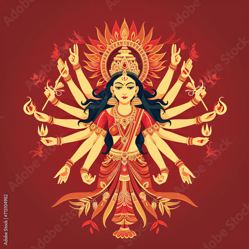 Vibrant Illustration of Indian Goddess Shri Durga in Celebration of Happy Durga Puja and Subh Navratri on a Red Background
