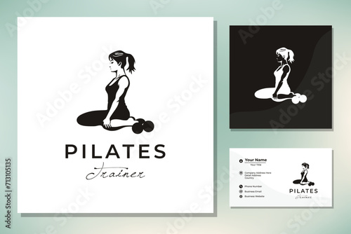Sitting Pose Pilates Woman Silhouette  Girl with Beauty Body Hair and Face at exercise gym logo design