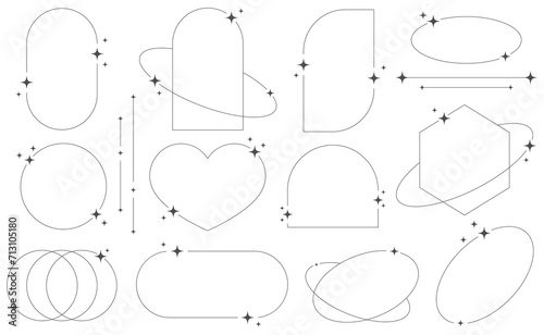 Set of geometric aesthetic abstract line frames and shapes with stars boho, brutalism, Y2K style. Geometric elements with sparkles for template design social media, poster, banner, logo, stickers