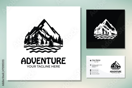 Mountain, Sea Ocean Wave and Sun for Vintage Adventure Outdoor Traveling Label Stamp logo design