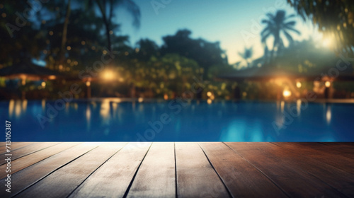 Wooden table pool bokeh background, empty wood desk product display mockup with blurry tropical hotel resort abstract poolside summer travel backdrop advertising presentation. Mock up, copy space.