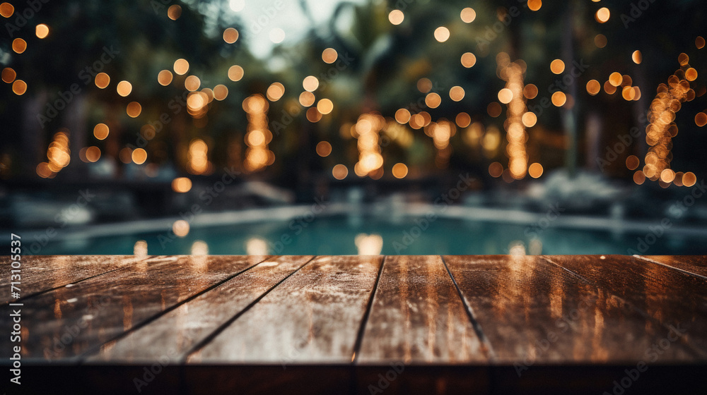 Wooden table pool bokeh background, empty wood desk product display mockup with blurry tropical hotel resort abstract poolside summer travel backdrop advertising presentation. Mock up, copy space. - obrazy, fototapety, plakaty 