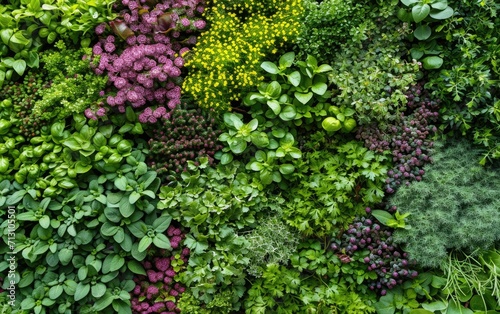 A vertical garden featuring a variety of culinary herbs, creating a functional and aesthetic display photo