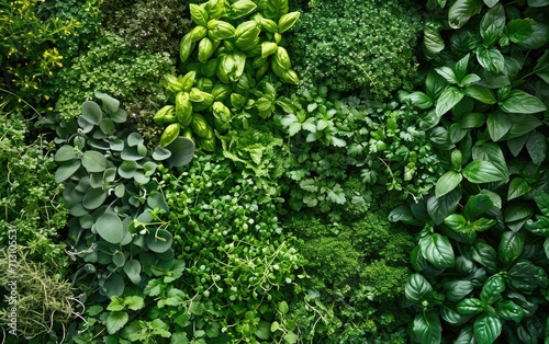 A vertical garden featuring a variety of culinary herbs, creating a functional and aesthetic display photo