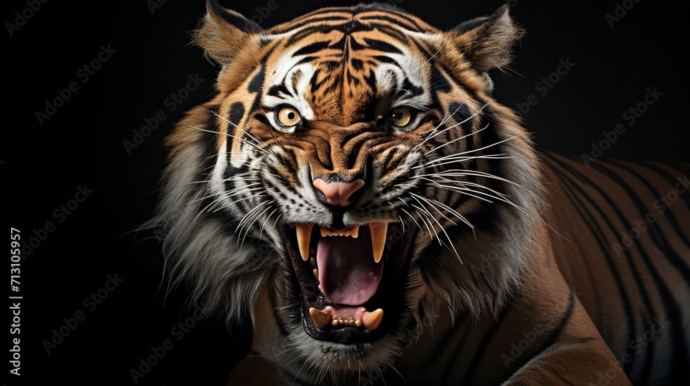 A tiger with the mouth open is shown in a dark room generative ai images
