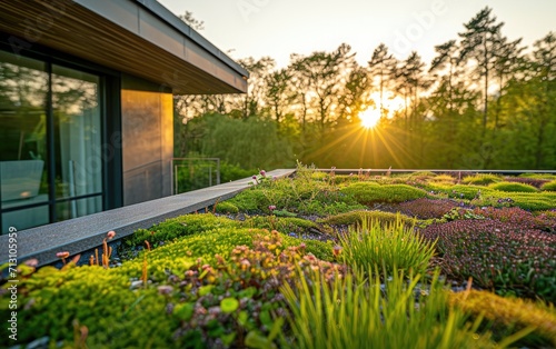 A green roof on an eco-friendly building, emphasizing natural insulation and biodiversity