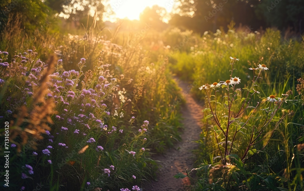 A rewilded city trail featuring native wildflowers and habitat restoration 