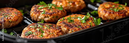 Air fryer view of turkey patties.