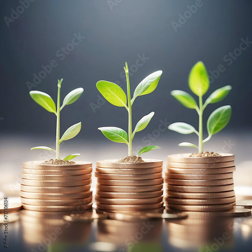 Seedlings are growing on the Coins stack compared to the year and cubes with text plan, goal, and action. Concept of business growth, profit, and development to succeed in the year 