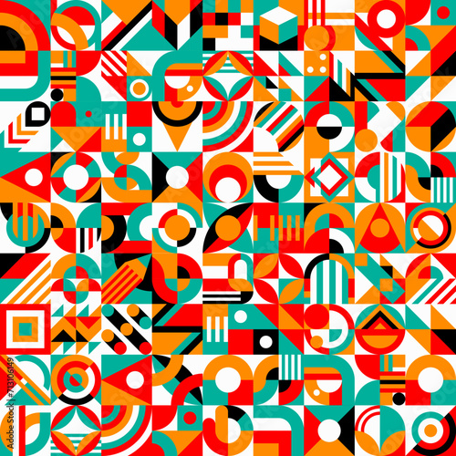Geometric element seamless pattern. Modern vector geometric scandinavian grid repeated background. Abstract minimalistic simple round and square geometry shapes in red, white, black, orange or green