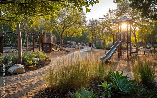 A rewilded urban playground  incorporating natural elements and native plants