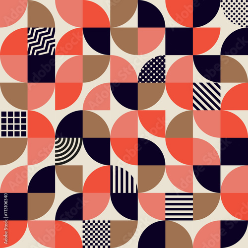 Fototapeta Naklejka Na Ścianę i Meble -  Modern geometric pattern. Geometric or scandinavian grid background. Abstract vector geometry minimalistic simple round segments and square shapes in red, pink, black, brown and white palette colors