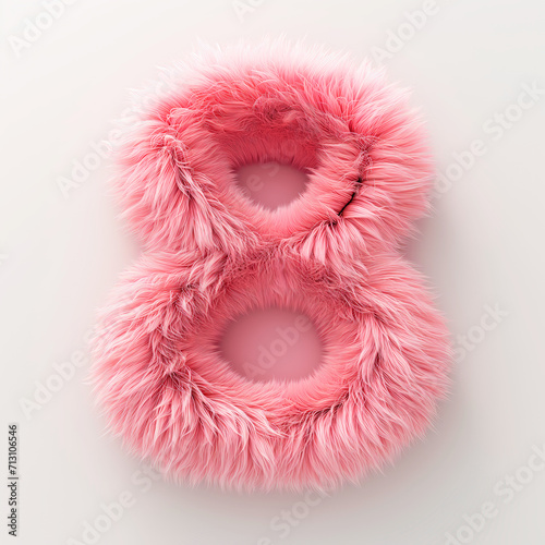 3D Render of number 8 with pink texture fur. 8th march women's day concept. Number isolated on white background for cutting out.