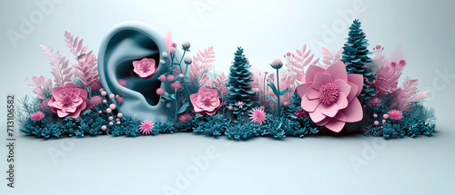 3D render of human ear between a beautiful garden of flowers. Concept of healthy hearing, audition, deafness and feminity. World hearing day.