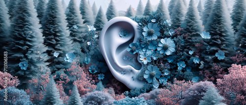 3D render of human ear between a beautiful garden of flowers. Concept of healthy hearing, audition, deafness and feminity. World hearing day. photo
