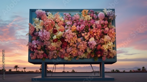 an editorial style photo of a billboard with an image of flowers, los angeles, golden hour, shot on a Fujifilm Pro 400H photo