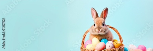 Easter bunny sitting in a basket with colorful Easter eggs - ai generative