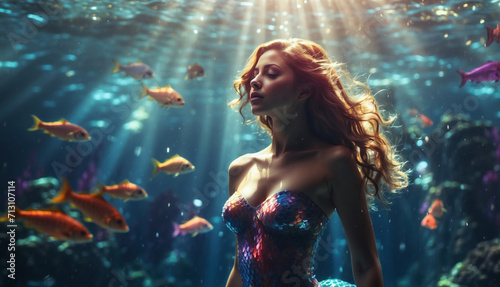 Red-haired beautiful mermaid with a shimmering colored tail underwater. AI generated