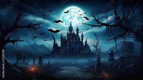 Spooky forest at night Halloween background dark scary night graveyard full moon dark forest