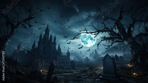Spooky forest at night Halloween background dark scary night graveyard full moon dark forest generative ai images