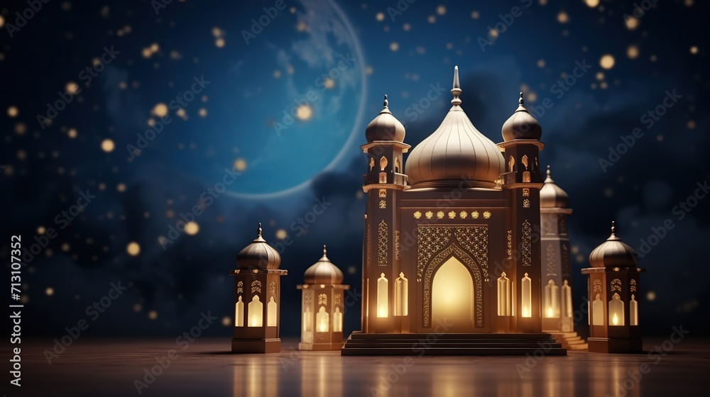 Gold shining light of the mosque building the symbol of Islam Eid ai generative image Gold shining light of the mosque building the symbol of Islam Eid ai generative image