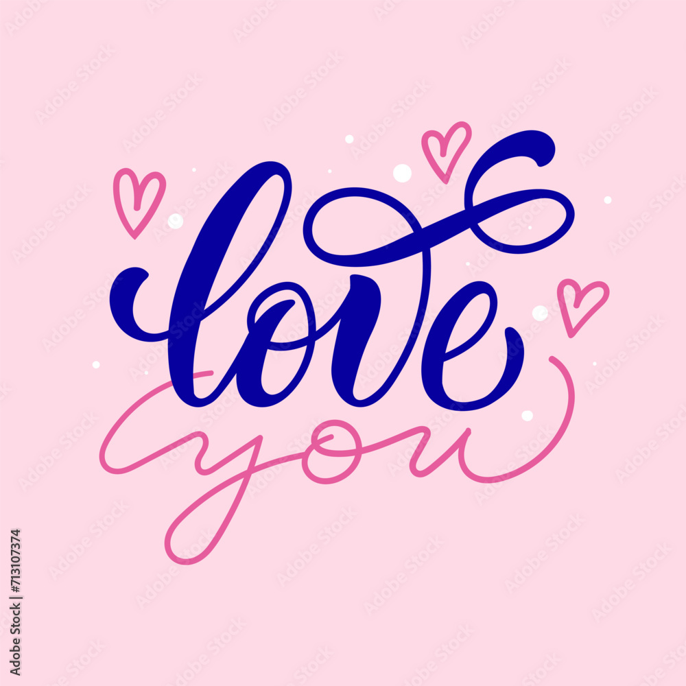 Calligraphy hand drawn script. Love you. Bright colored romantic phrase. Pink text with hearts for postcard, banner, prints. Handwritten greeting card. Love letter. Love Message. Valentine's Day Calligraphy hand drawn script. Love you. Bright colored romantic phrase. Pink text with hearts for postcard, banner, prints. Handwritten greeting card. Love letter. Love Message. Valentine's Day