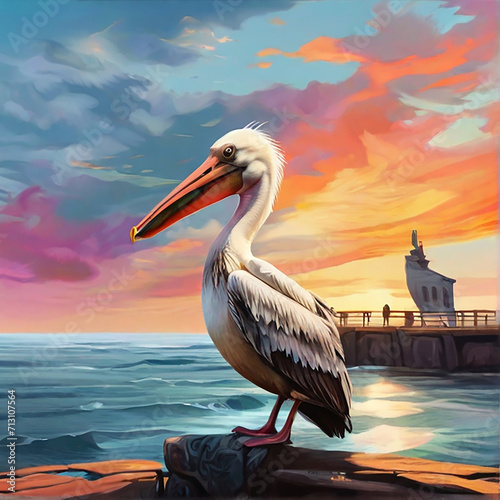 A colorful Pelican sweeming in water.