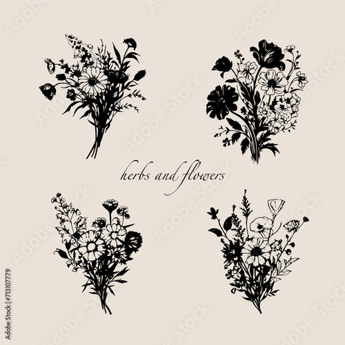 Set silhouettes bouquet of wild flowers.