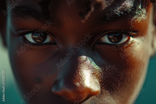 A close-up shot of a child's face with adorable freckles. Perfect for portraying innocence and youthfulness. Ideal for use in children's books, educational materials, and advertisements © Fotograf