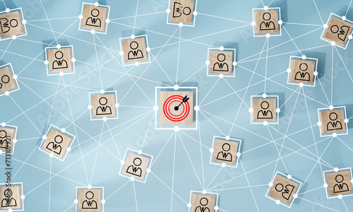 Red dartboard and red arrow connection linkage with human icon for customer focus target group and customer relation management concept.