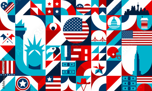 Abstract geometric USA shapes, pattern of american travel landmarks. Vector background of simple geometric figures, stars and stripes flag, statue of liberty, bridge, eagle and cowboy hat