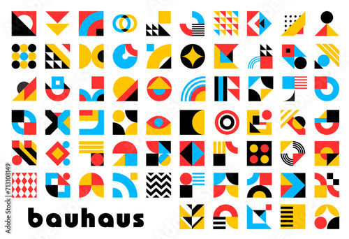 Abstract geometric elements. Vector modern graphic shapes and forms set. Color circles, squares and triangles, lines, crosses, dots and zigzag geometric mosaic pattern elements